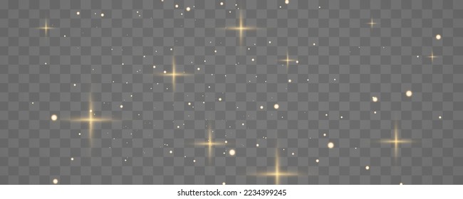 Yellow dust. Bokeh effect. Beautiful light flashes. Dust particles fly in space. horizontal light rays. Glowing streaks of dust on a dark background.