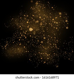 Yellow dust. Bokeh effect. horizontal light rays. Dust particles fly in space. Glowing streaks of dust on a dark background. Beautiful light flashes. Bright abstract sparkling lined background.