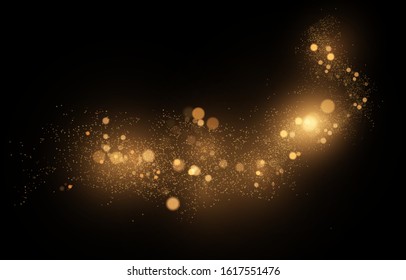 Yellow dust. Bokeh effect. horizontal light rays. Dust particles fly in space. Glowing streaks of dust on a dark background. Beautiful light flashes. Bright abstract sparkling lined background.