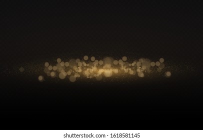 Yellow dust. Bokeh effect. horizontal light rays. Dust particles fly in space. Glowing streaks of dust on a dark background. Beautiful light flashes. Bright abstract sparkling lined background.