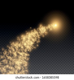 Yellow dust. Bokeh effect. horizontal light rays. Dust particles fly in space. Glowing streaks of dust on a dark background. Beautiful light flashes. Bright abstract sparkling lined background. 