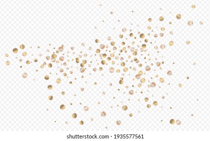 Yellow Dust Bridal Transparent Background. Falling Round Card. Golden Polka Vector Postcard. Circle Christmas Pattern.