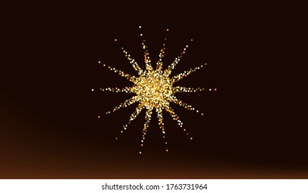 Yellow Dust Effect Brown Dark Background. Modern Round Texture. Gold Dot Bridal Card. Polka Abstract Illustration.
