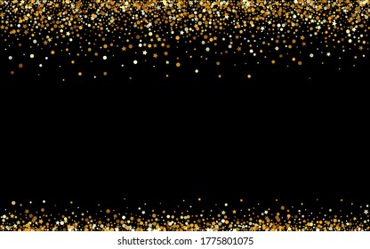 Yellow Dust Light Black Background. Vector Rain Wallpaper. Gold Polka Abstract Postcard. Confetti Paper Banner.