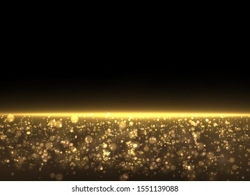 Yellow dust. Dust particles fly in space. Bokeh effect. horizontal light rays. Beautiful light flashes. Glowing streaks of dust on a dark background. Bright abstract sparkling lined background.