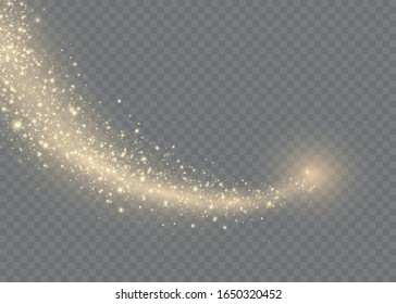 Yellow dust. Dust particles fly in space. Bokeh effect.  horizontal light rays. Beautiful light flashes. Glowing streaks of dust on a dark background.