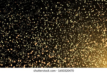 Yellow dust. Dust particles fly in space. Bokeh effect.  horizontal light rays. Beautiful light flashes. Glowing streaks of dust on a dark background.