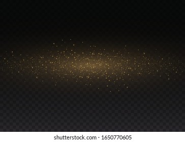 Yellow dust. Dust particles fly in space. Bokeh effect.  horizontal light rays. Beautiful light flashes. Glowing streaks of dust on a dark background.