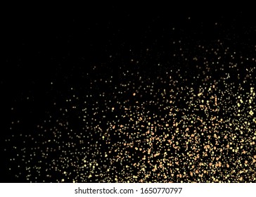 Yellow dust. Dust particles fly in space. Bokeh effect.  horizontal light rays. Beautiful light flashes. Glowing streaks of dust on a dark background.