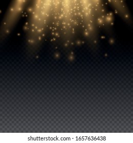 Yellow dust. Dust particles fly in space. Bokeh effect.  horizontal light rays. Beautiful light flashes. Glowing streaks of dust on a dark background.