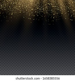 Polvo amarillo.Las partículas de polvo vuelan en el espacio.Efecto Bokeh.  rayos de luz horizontales. La luz hermosa brilla. Rasgos brillantes de polvo sobre un fondo oscuro.