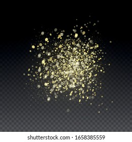 Yellow dust. Dust particles fly in space. Bokeh effect. Horizontal light rays. Glowing streaks of dust on a dark background. Beautiful light flashes. Bright abstract sparkling lined background.