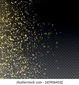 Yellow dust. Dust particles fly in space. Bokeh effect. Horizontal light rays. Glowing streaks of dust on a dark background. Beautiful light flashes. Bright abstract sparkling lined background.