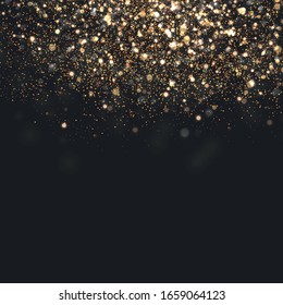 Yellow dust. Dust particles fly in space. Bokeh effect. Horizontal light rays. Glowing streaks of dust on a dark background. Beautiful light flashes. Bright abstract sparkling lined background.