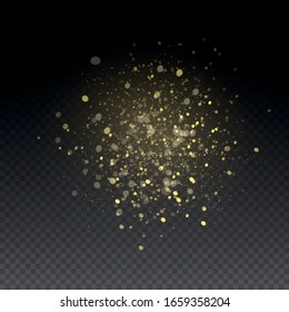Yellow dust. Dust particles fly in space. Bokeh effect. Horizontal light rays. Glowing streaks of dust on a dark background. Beautiful light flashes. Bright abstract sparkling lined background.
