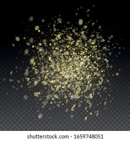 Yellow dust. Dust particles fly in space. Bokeh effect. Horizontal light rays. Glowing streaks of dust on a dark background. Beautiful light flashes. Bright abstract sparkling lined background.