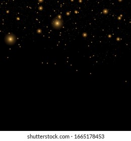 Polvo amarillo. Las partículas de polvo vuelan en el espacio. Efecto Bokeh.  rayos de luz horizontales. La luz hermosa brilla. Rasgos brillantes de polvo sobre un fondo oscuro.