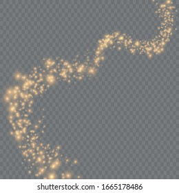 Yellow dust. Dust particles fly in space. Bokeh effect.  horizontal light rays. Beautiful light flashes. Glowing streaks of dust on a dark background.