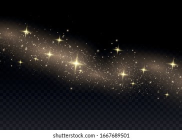 Yellow dust. Dust particles fly in space. Bokeh effect.  horizontal light rays. Beautiful light flashes. Glowing streaks of dust on a dark background.