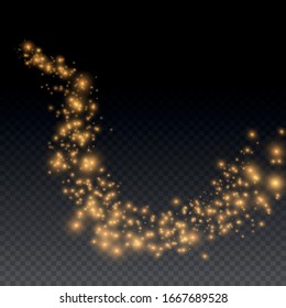 Yellow dust. Dust particles fly in space. Bokeh effect.  horizontal light rays. Beautiful light flashes. Glowing streaks of dust on a dark background.