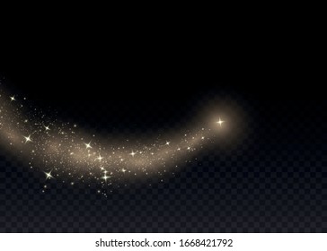 Yellow dust. Dust particles fly in space. Bokeh effect.  horizontal light rays. Beautiful light flashes. Glowing streaks of dust on a dark background.