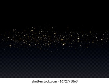Yellow dust. Dust particles fly in space. Bokeh effect.  horizontal light rays. Beautiful light flashes. Glowing streaks of dust on a dark background.