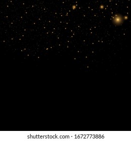 Yellow dust. Dust particles fly in space. Bokeh effect.  horizontal light rays. Beautiful light flashes. Glowing streaks of dust on a dark background.