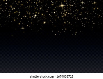 Yellow dust. Dust particles fly in space. Bokeh effect.  horizontal light rays. Beautiful light flashes. Glowing streaks of dust on a dark background.