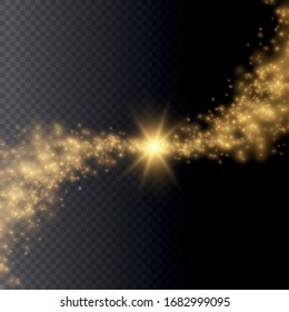 Yellow dust. Dust particles fly in space. Bokeh effect.  horizontal light rays. Beautiful light flashes. Glowing streaks of dust on a dark background.