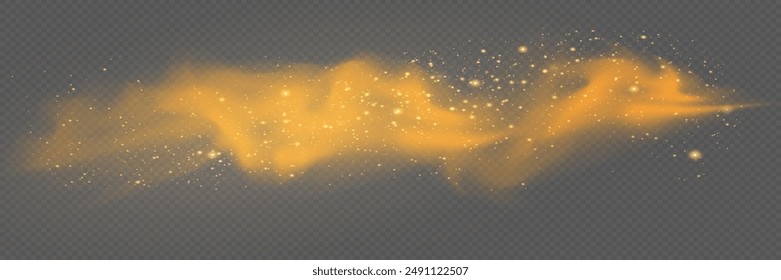 Yellow dust.  Dust particles fly in space. Golden sparks, stars shine with a special light. Bokeh effect.  Glowing stripes of dust on a transparent background.Vector.