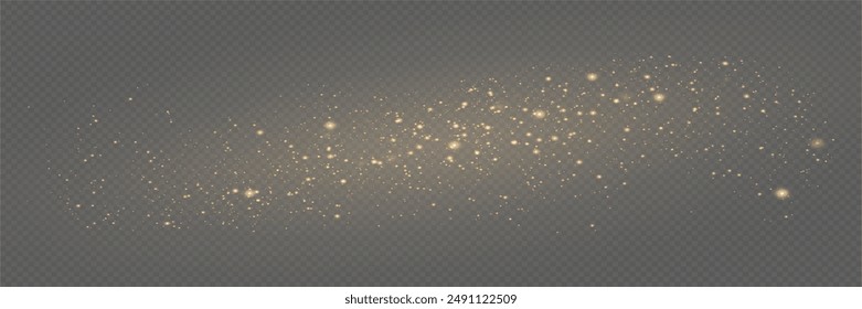 Yellow dust.  Dust particles fly in space. Golden sparks, stars shine with a special light. Bokeh effect.  Glowing stripes of dust on a transparent background.Vector.