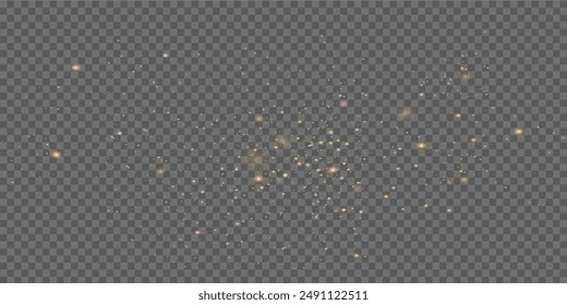 Yellow dust.  Dust particles fly in space. Golden sparks, stars shine with a special light. Bokeh effect.  Glowing stripes of dust on a transparent background.Vector.
