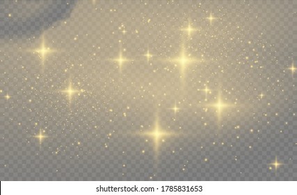 Yellow dust yellow sparks and golden stars shine with special light.Sparkling magic dust particles.Christmas Abstract stylish light effect on a transparent background.Christmas abstract vector pattern