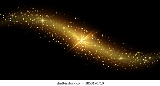 Yellow dust. Yellow sparks and golden stars shine with special light. Vector sparkles on a transparent background. Christmas light effect. Sparkling magical dust particles.