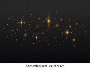 Yellow dust sparks and golden stars shine. Bokeh effect. The sparkles with sparkling magical dust particles. Xmas flash gold light on transparent background. Christmas pattern. Vector illustration.