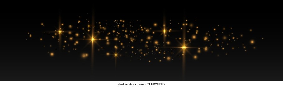 Yellow dust sparks and golden stars shine. Bokeh effect. The sparkles with sparkling magical dust particles. Xmas flash gold light on transparent background. Christmas pattern. Vector illustration.