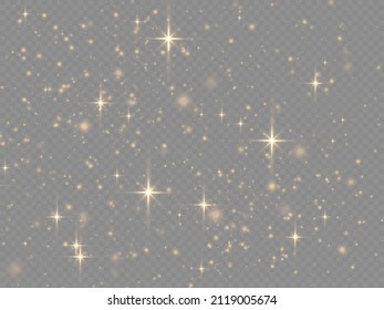 Yellow dust sparks and golden stars shine. Bokeh effect. The sparkles with sparkling magical dust particles. Xmas flash gold light on transparent background. Christmas pattern. Vector illustration.