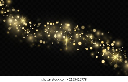 Yellow dust yellow sparks and golden stars shine with special light on a black transparent background. Christmas light effect. Sparkling magical dust particles. Golden shiny light effect.