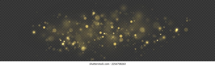 Yellow dust sparks and golden stars shine. Bokeh effect. The sparkles with sparkling magical dust particles. Xmas flash gold light on transparent background. Christmas pattern. Vector illustration.