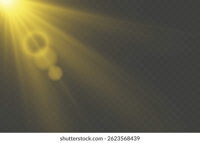 Gele stofvonken, gouden sterren, bokeh goud licht. Vector transparant zonlicht speciale lens flare licht effect.
