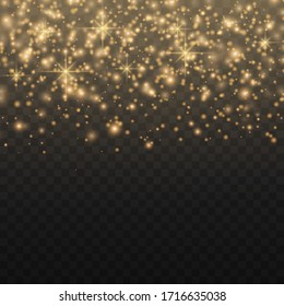 Yellow dust sparks and star shine with special light, sparkle, shine lights, Christmas sparkl light effect, sparkling golden magic dust particles on transparent background, vector illustration.