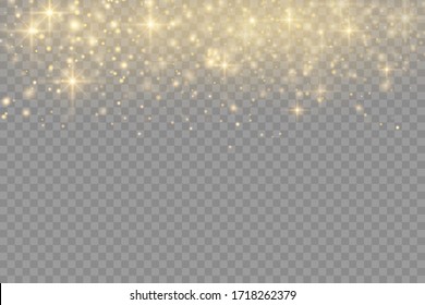 Yellow dust sparks and star shine with special light, sparkle, shine lights, Christmas sparkl light effect, sparkling golden magic dust particles on transparent background, vector illustration.