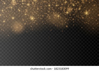 Yellow dust sparks and star shine with special light, sparkling golden magic dust particles on transparent background, sparkle, shine lights, Christmas sparkl light effect, vector illustration.