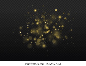 Yellow dust, sparks, stars shine with a special lights. Gold particles abstract vector background. Golden dust light png. Christmas glowing bokeh confetti and sparkle overlay texture for your design.