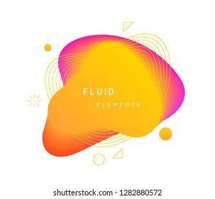 Yellow dynamic light on fluid blotch. Golden gradient liquid blob with circles, triangle and wavy lines. Amber modern abstract background for card design or logo template. Dynamical colored shapes