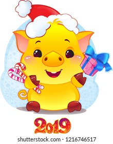 Yellow Earthy Pig with Gift Box for the New Year 2019. Cute Symbol of Chinese Horoscope.