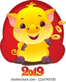 Yellow Earthy Pig with Golden Coins for the New Year 2019. Cute Symbol of Chinese Horoscope.