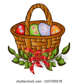 yellow Easter basket with a vine and green branches, bow, with decorative colored eggs on a white background, vector illustration