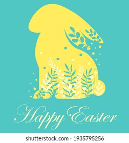 Yellow Easter bunny. Greeting card vector illustration. Decorate rabbit with ornaments. Happy Easter, spring card with leaves, yellow rabbit