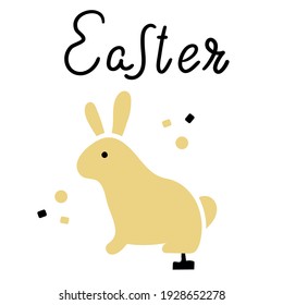 Yellow Easter Bunny, lettering Easter. A festive figure on a leg. Easter card, greeting card for a gift.